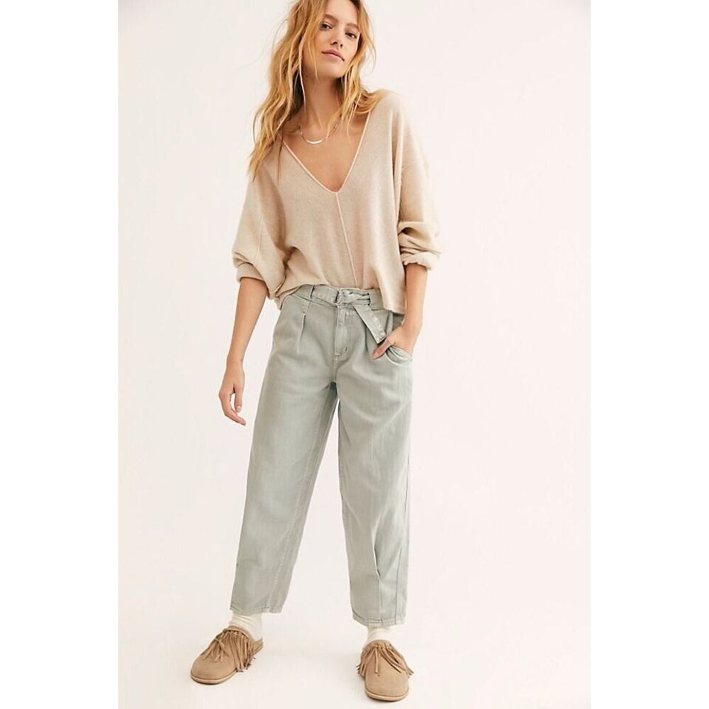 Free People Sage Green High-Waist Cropped Jeans